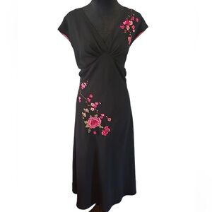 AGB Black Evening Dress with Pink Floral Embroidery